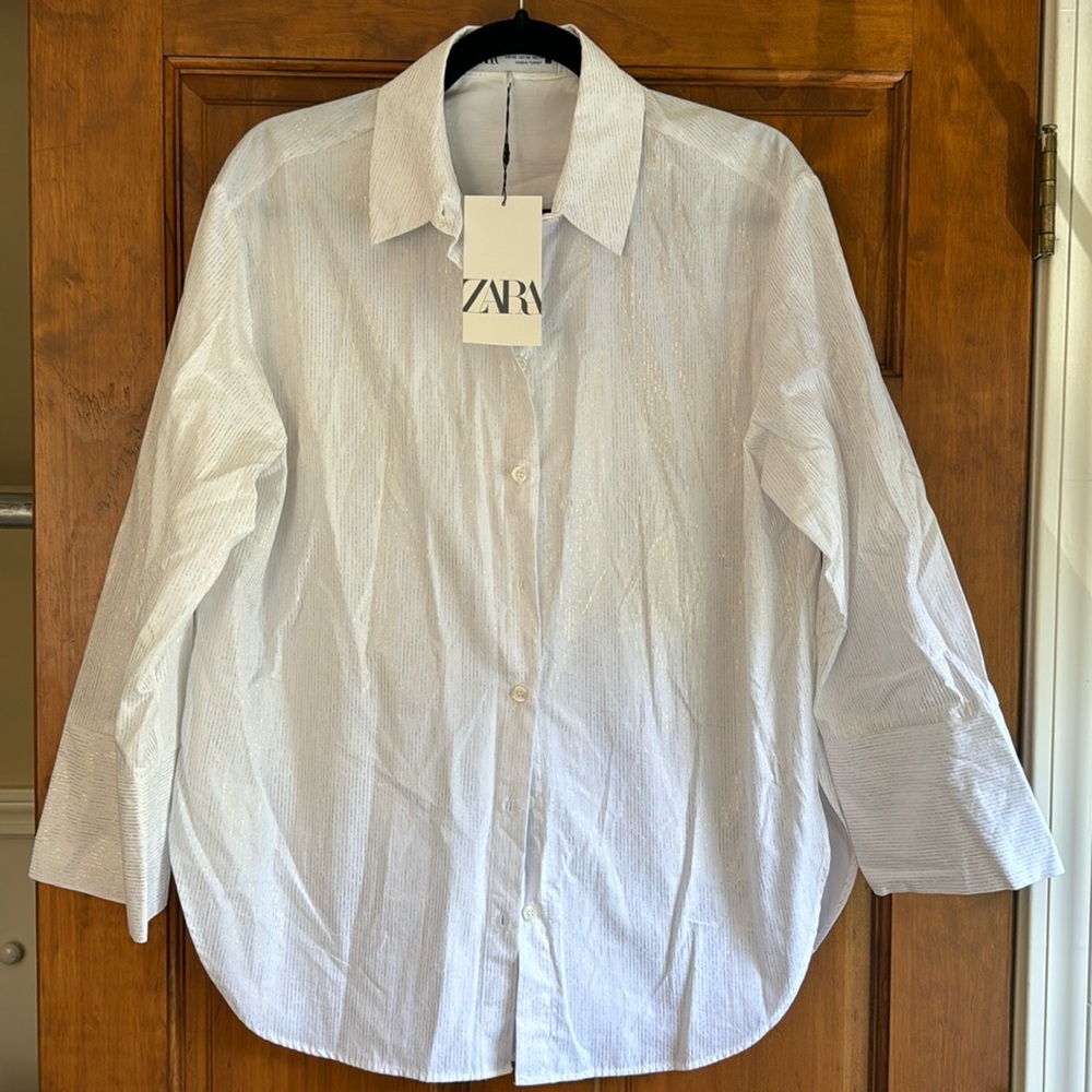 ZARA STRIPED OVERSIZED METALLIC THREAD SHIRT